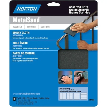 Norton Co 9" x 11" MetalSand Emery Cloth Sanding Sheet Assorted, PK 3 47855